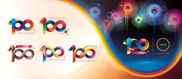 Vector illustration of Set of 100th Anniversary Colorful logotype design, Hundred years celebration Logo. Abstract Twist Infinity multiple line Colorful