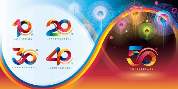 ilustrações, clipart, desenhos animados e ícones de conjunto de 10 a 50 anos aniversário design de logotipo colorido, 10,20,30,40,50 anos, abstract twist infinity three linha colorful curved. - anniversary number 10 year number 40