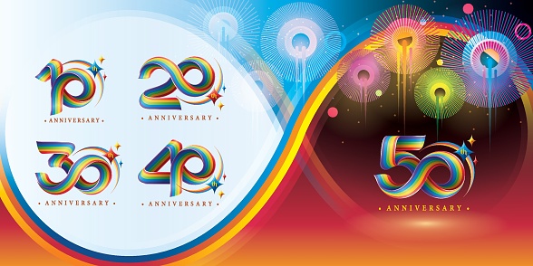 Set of 10 to 50 years Anniversary Colorful logotype design, Abstract Twist Infinity multiple line Rainbow with Star for invitation, LGBT Festival, LGBT Party. 10,20,30,40,50 year Twisted Infinity loop logo number