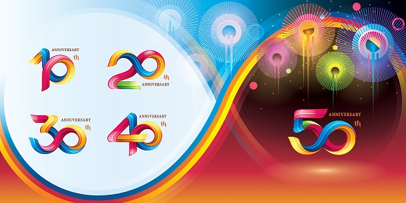 Set of 10 to 50 years Anniversary Colorful logotype design, Abstract Twist Infinity multiple line Colorful for invitation, Color Celebration Logo. 10,20,30,40,50 year Twisted Infinity loop logo number