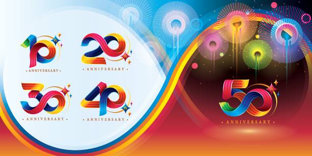 ilustraciones, imágenes clip art, dibujos animados e iconos de stock de conjunto de 10 a 50 años aniversario colorido diseño de logotipo, 10,20,30,40,50 año, abstract twist infinity línea múltiple colorido con estrella. - anniversary number 10 year number 40