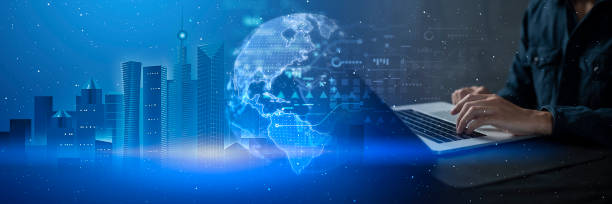 istock abstract world and city background geometric with polygon line and dots for Science and business technology. Connection triangle structure. 1430740308