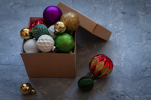 Colorful Christmas decorations in a box