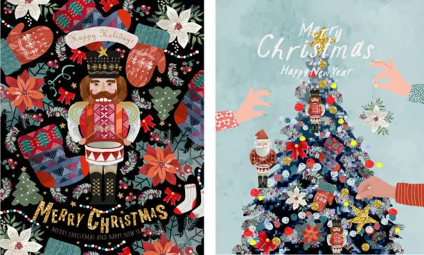 Vector illustration of Merry Christmas and Happy New Year. Vector illustrations of a nutcracker, Christmas tree, Santa Claus, felt boots, Christmas tree decorations for a background, postcard, poster or pattern