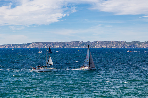 Sailboats on Mediterranean Sea in La Spezia, Italy.