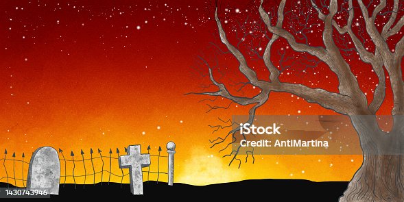 istock halloween watercolor night sky over a cemetery 1430743946