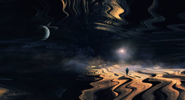 istock Man, astronaut standing on wave surface with fog and planet. Sci fi landscape digital illustration background 1430745048