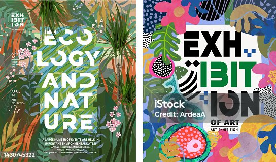 istock Posters for exhibitions of art, sculpture, nature and ecology. Vector illustrations of objects, stains, abstraction, paint and for background, flyer or card 1430745322