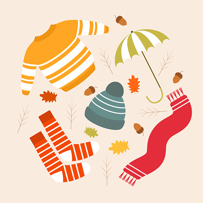 Vector illustration. Autumn collection. Colorful warm clothes.