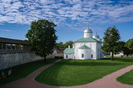 View of the St. Nicholas (Nikolsky) Cathedral on the territory of the Izborsk fortress (XIV-XVII centuries) on a sunny summer day, Stary Izborsk, Pskov region, Russia