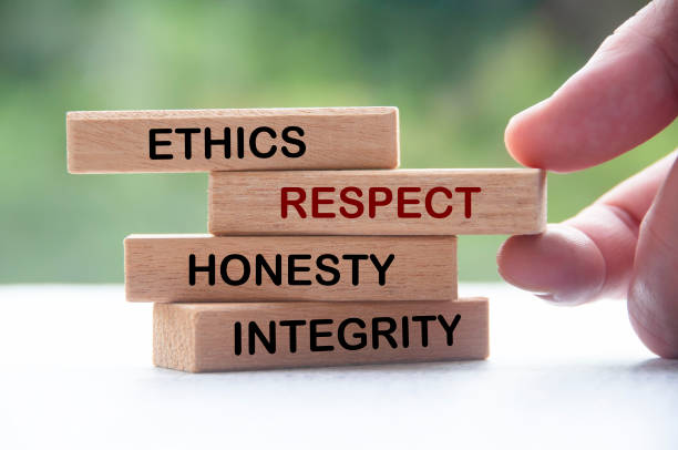 blocchi di legno con le parole etica, rispetto, onestà e integrità. cultura d'impresa e codice di condotta - strategia dimpresa foto e immagini stock