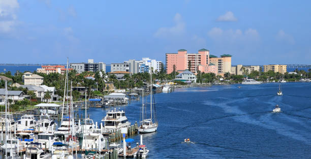 Aerial View of Fort Myers Fort Myers Beach skyline and the Mantanza Pass waterway. fort meyers beach stock pictures, royalty-free photos & images