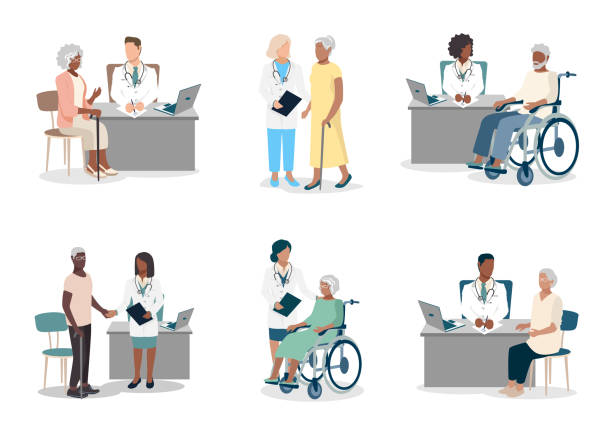ilustrações de stock, clip art, desenhos animados e ícones de elderly patients at the doctor - paciente