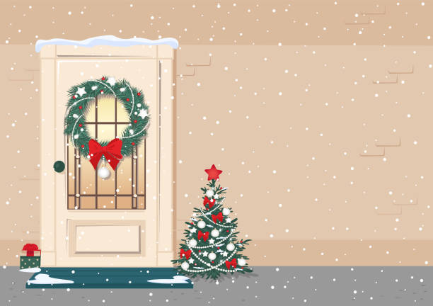 счастливого рождества фон - wreath christmas door snow stock illustrations