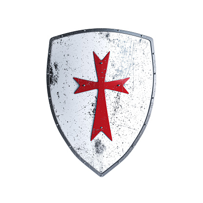 The shield is white with a red cross. Damaged with scratches. on a white background. Isolated on a white background.