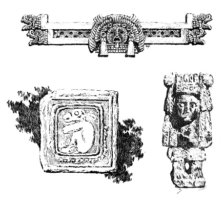 Aztec decoration from above the door of an ancient temple in Mexico (top). Bas relief from a temple in Xochicaclo  (bottom left). Statue of Xochiquetzal, goddess of love and beauty, found in Iztapan, Mexico (bottom right). Illustration published in 1898. Source: Original edition is from my own archives. Copyright has expired and is in Public Domain.