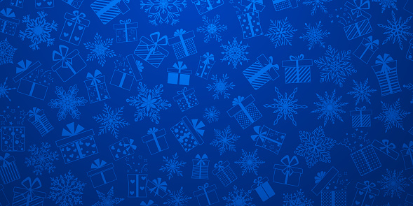 Background made of complex Christmas snowflakes and gift boxes with different patterns, in blue colors
