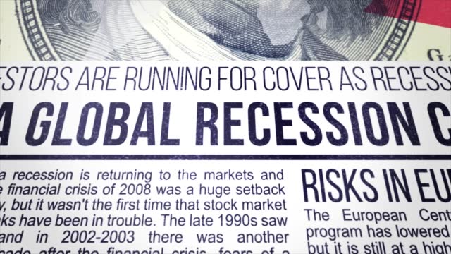 Recession fears, inflation, stock market crash, interest rates, economy, unemployment and rising prices daily newspaper report printing. Abstract concept.