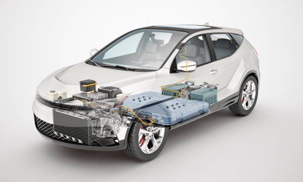 Electric car technical cutaway 3d rendering. stock photo