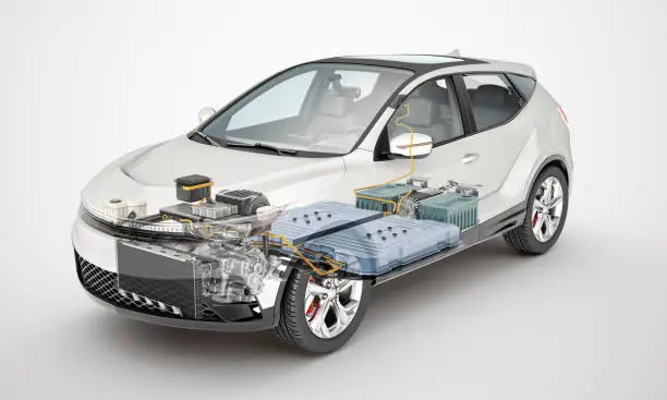 Electric generic car technical cutaway 3d rendering with all main details of EV system in ghost effect. Perspective view on white background.