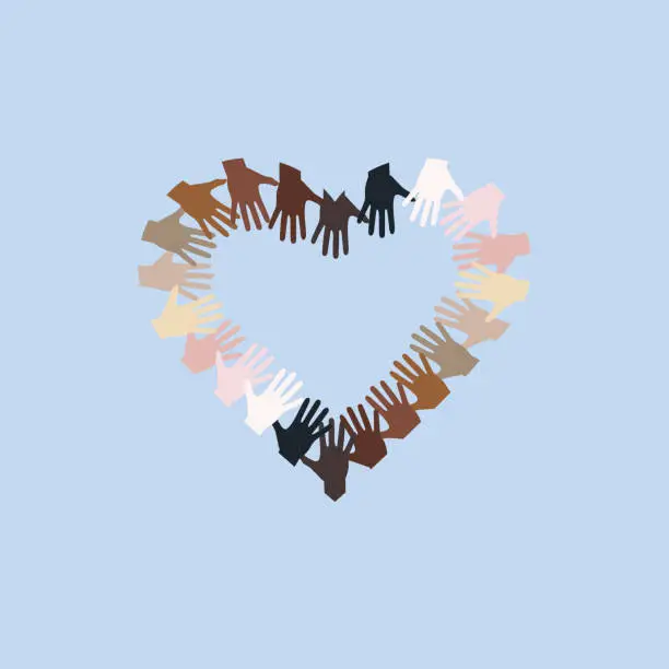 Vector illustration of Love. Multiethnic world. Hands with multiple skin colors