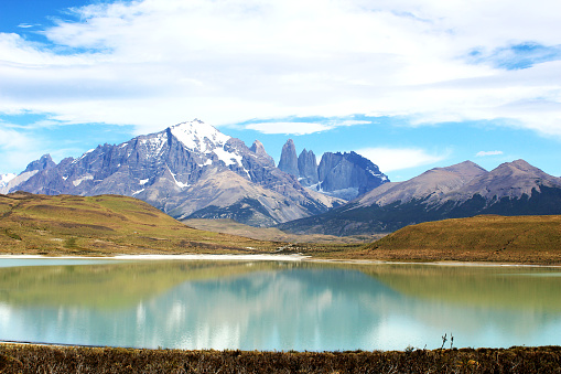 Landscape view of Torres del Paine National Park on a summer day, Patagonia, Chile.