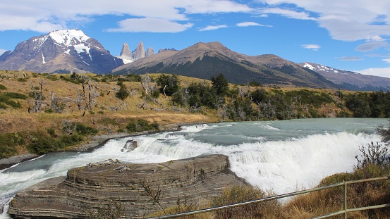 Paine waterfall, Paine river at Torres del Paine National Park, Chile.