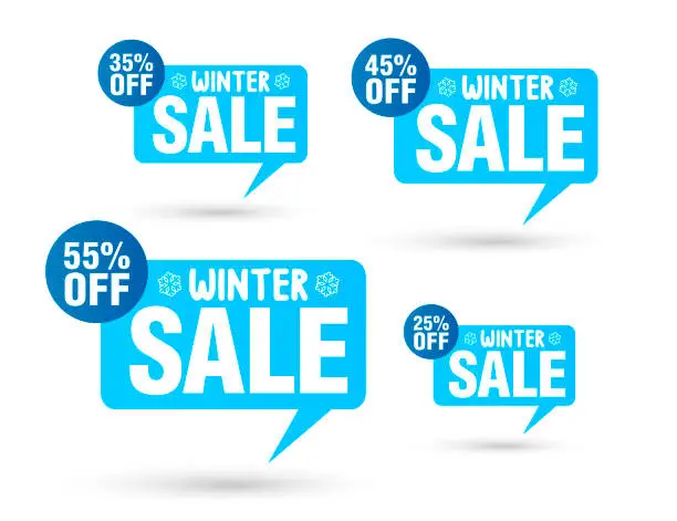 Vector illustration of Winter sale tag speech bubble. Set of 25%, 35%, 45%, 55% off discount