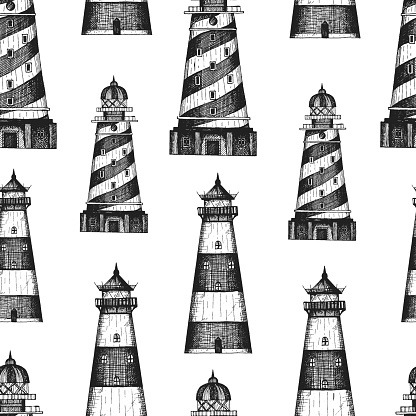 Lighthouses seamless pattern. Hand drawn vector illustration. Retro lighthouse design. Engraved style