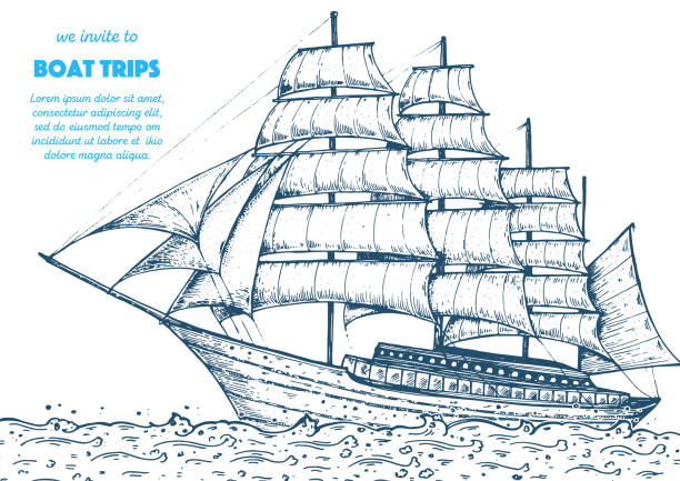 ilustrações, clipart, desenhos animados e ícones de vela de vela desenhado à mão esboço. ilustração vetorial náutica. modelo de design marítimo. - galleon