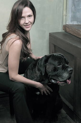 Young slender cute girl with a dog of the Italian breed Cane Corso portrait in the studio