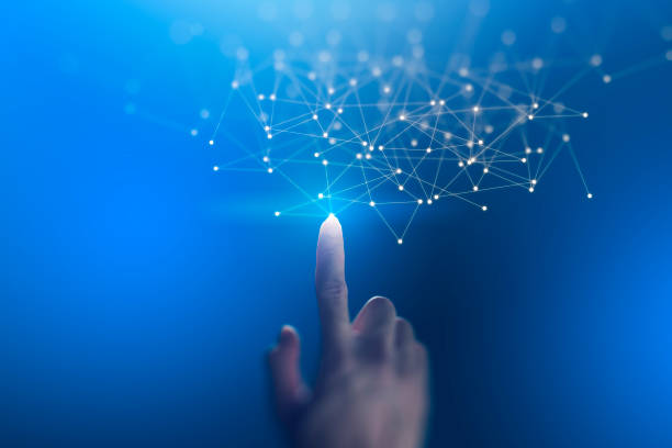 istock Hand touching. Abstract background geometric with polygon lines and dots for Science and business technology. Connection triangle structure.Metaverse Technology 1430764875