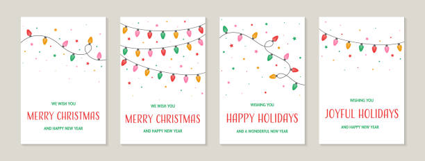 bunte handgezeichnete lichterkette. weihnachtskarten mit wünschen. vektor-illustration - lichterkette stock-grafiken, -clipart, -cartoons und -symbole