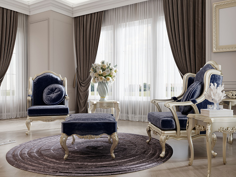 Baroque upholstered armchairs with golden edging and side tables carved with a soft side table in a classic interior. 3D rendering.