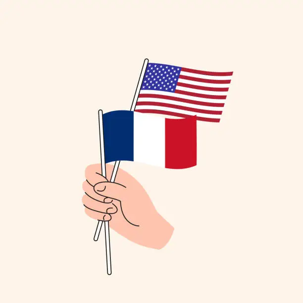 Vector illustration of Cartoon Hand Holding United States And French Flags.