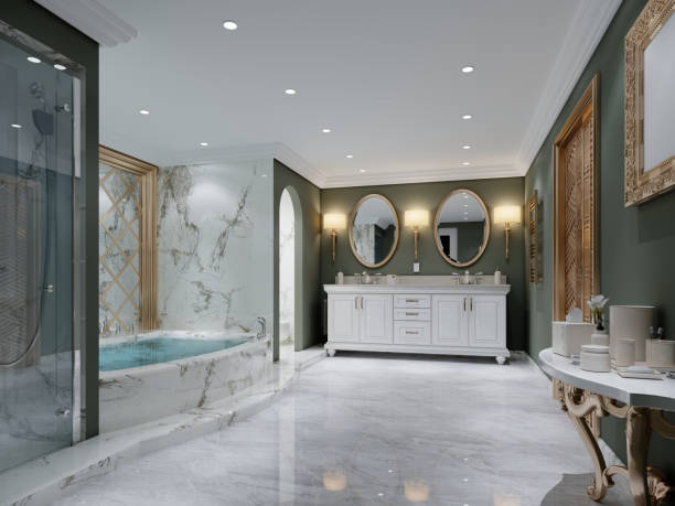 istock Bathroom with green walls and white double washbasin with two oval mirrors. 1430767707
