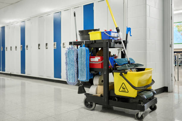 Custodial cart sitting in a school hallway
