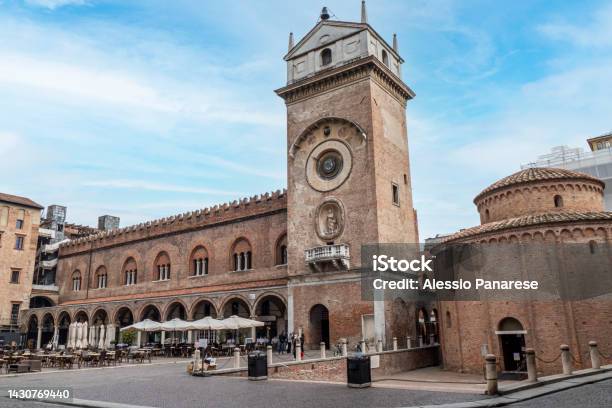 The Square Of Erbe In Mantua With Historical Buildings And A Beautiful Clock Tower Stock Photo - Download Image Now