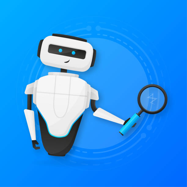 ilustrações de stock, clip art, desenhos animados e ícones de search information concept. white robot looking through the magnifying glass. vector illustration. - 3498