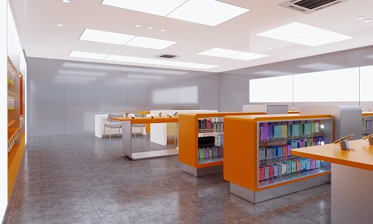 Design store selling mobile phones and accessories in the interior in orange color. 3D rendering.