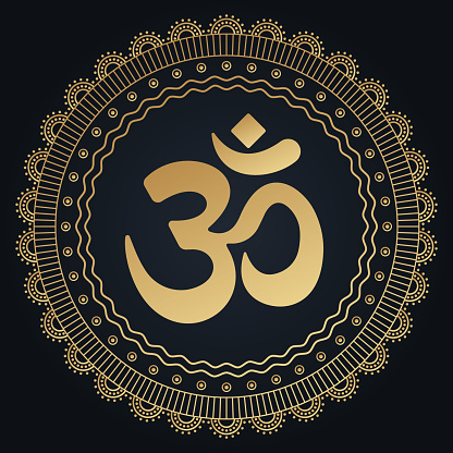 OM symbol golden mandala. Folk ornament in oriental style with ancient Hindu mantra on black background