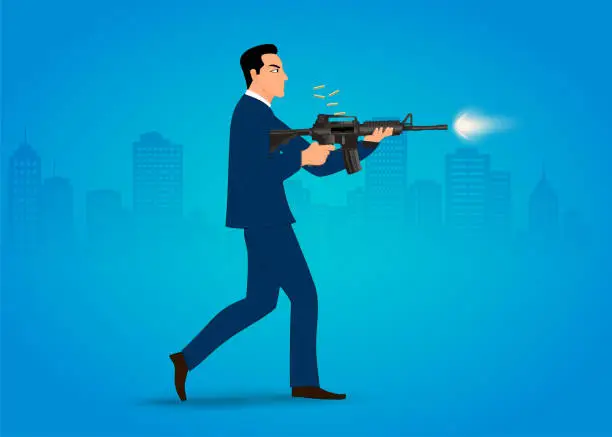 Vector illustration of Man shoots with a machine gun.