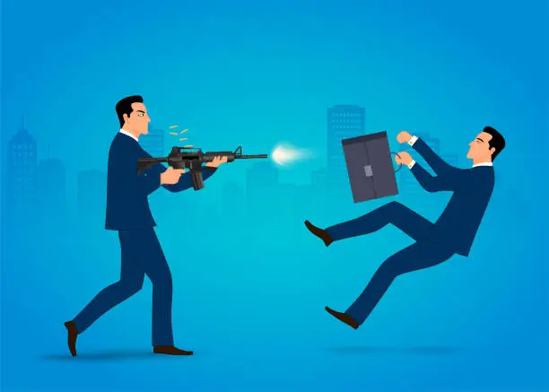 Vector illustration of Man shoots with a machine gun, attack in school environments, aggression, assassination, jealousy at work, vengeance.....