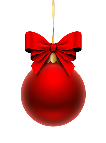 Red Christmas Ball with red bow and golden ribbon. Vector illustration.