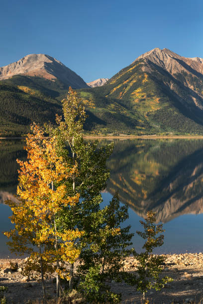 Autumn Colors at Twin Lakes Recreation Area with High Mountain Peaks. stock photo