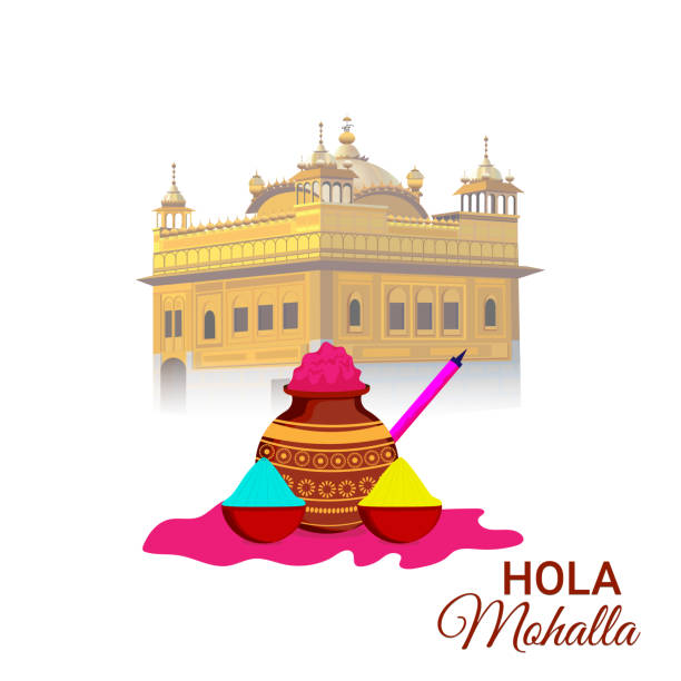 Happy holi illustration with golden tample and color bucket Happy holi flat design concept background golden tample stock illustrations