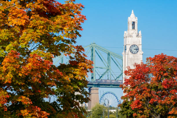 Montreal, Canada - 4 October 2022: Pavillon Bonsecours, Jacques Cartier Bridge and Clock Tower in Autumn.