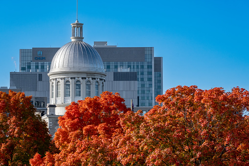 Montreal, CA - 4 October 2022: Red maple trees and Bonsecours Market in Autumn