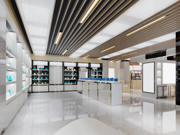 Interior design of a perfumery and cosmetics store in white and black with golden elements. Interior design of a perfumery and cosmetics store in white and black with golden elements. 3D rendering. perfume counter stock pictures, royalty-free photos & images