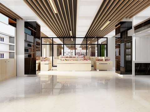 Interior design of a perfumery and cosmetics store in white and black with golden elements. 3D rendering.
